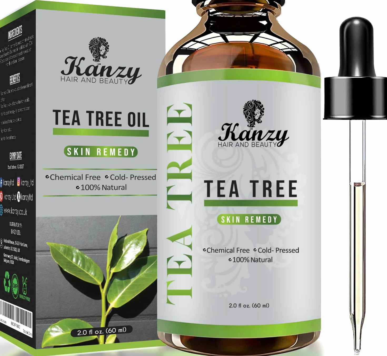 Kanzy Tea Tree Oil 60ml Olio di Albero Del Tè per Viso, Corpo, Unghie, Capelli e Aromaterapia Diffusore, Olio Essenziale Tea Tree