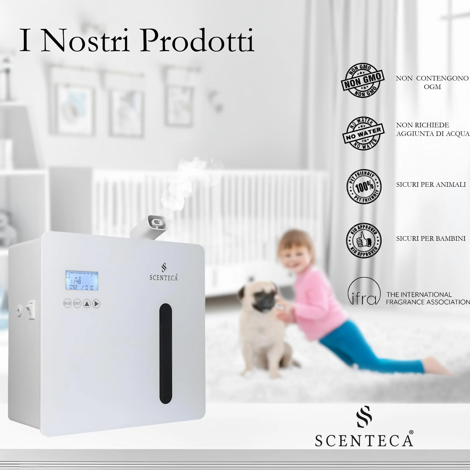 SCENTECA Diffusore elettrico Mod. AD-P7 di oli essenziali a nebulizzazione, con fragranza Tè Bianco e Fiori di Primavera inclusa, copre fino a 300 mq, per casa e ufficio (100 ml)