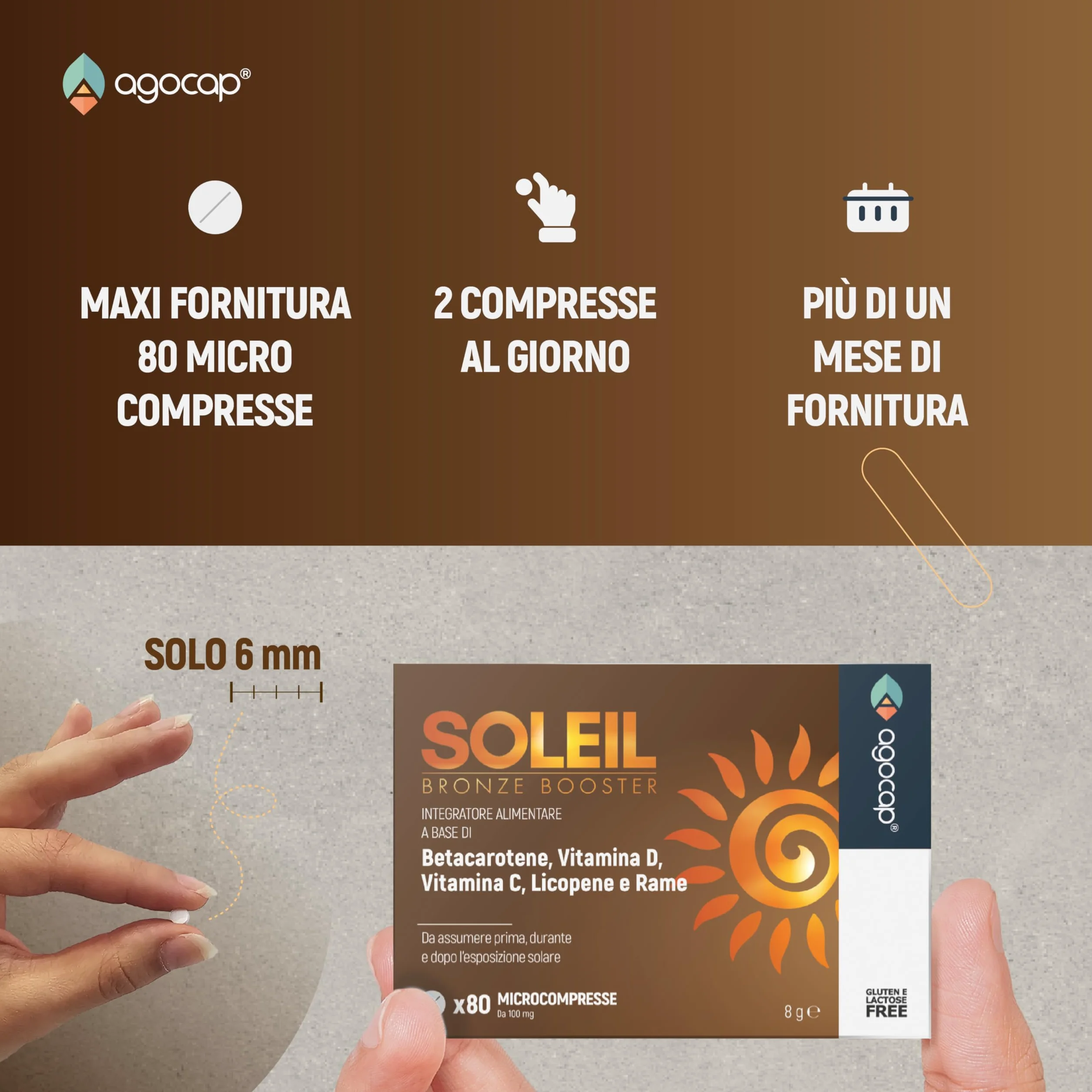 SOLEIL Acceleratore Abbronzatura Forte, 80 Compresse con Betacarotene, Rame, Selenio, Licopene, Vitamine C, D, E, B - Autoabbronzante Corpo