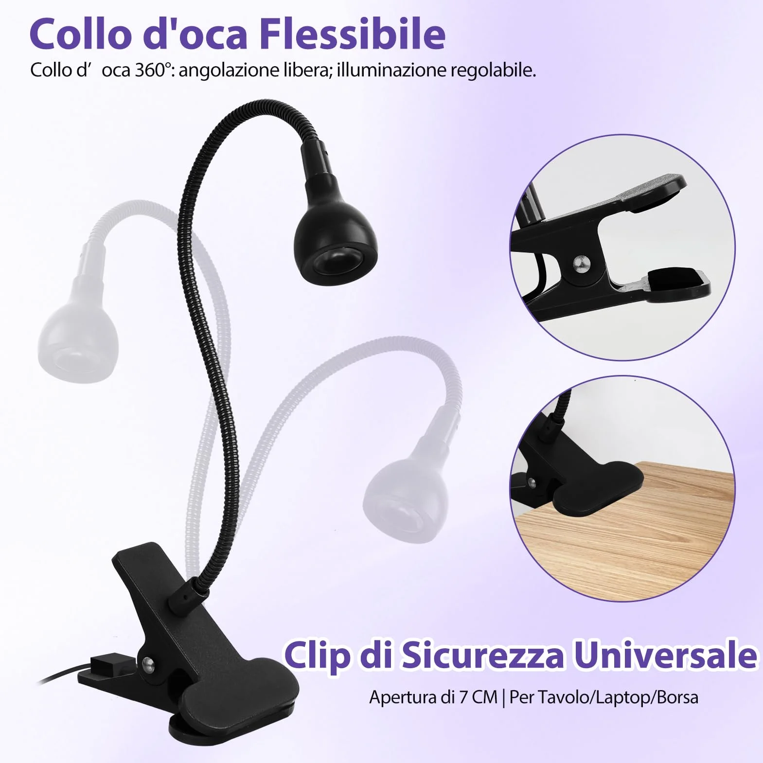 Lampada UV LED Unghie 5W Mini Portatile con Clip, 360° Testa Regolabile per Gel Resina Colla UV, USB Nero