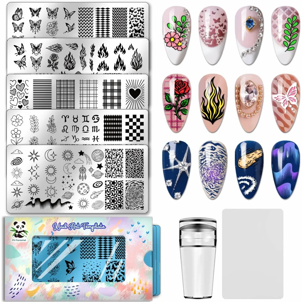 PH PandaHall 5pcs Farfalle Fiamme Nail Stamping Piastre Cuori Fiori Nail Art Modelli Zodiaco Manicure Art Stencil Sole Luna Stella Unghie Design Timbro per Donne Manicure Salone Stampa fai da te