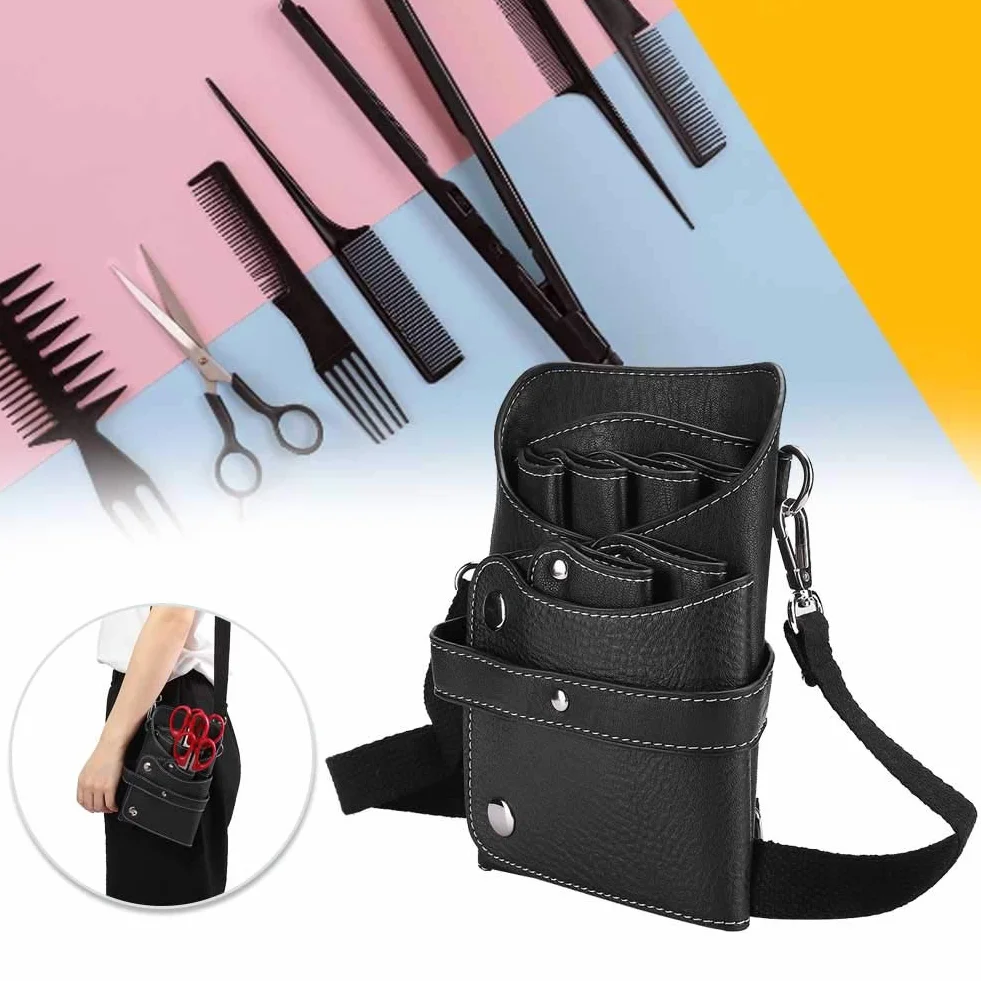Borsa per Forbici Staccabile Marsupio da Parrucchiere Kit per Parrucchieri in Pelle PU Borsa da Barbiere Rivetto Adatto per Forbici da Parrucchiere, Clip, Pettini per Capelli (Nero)