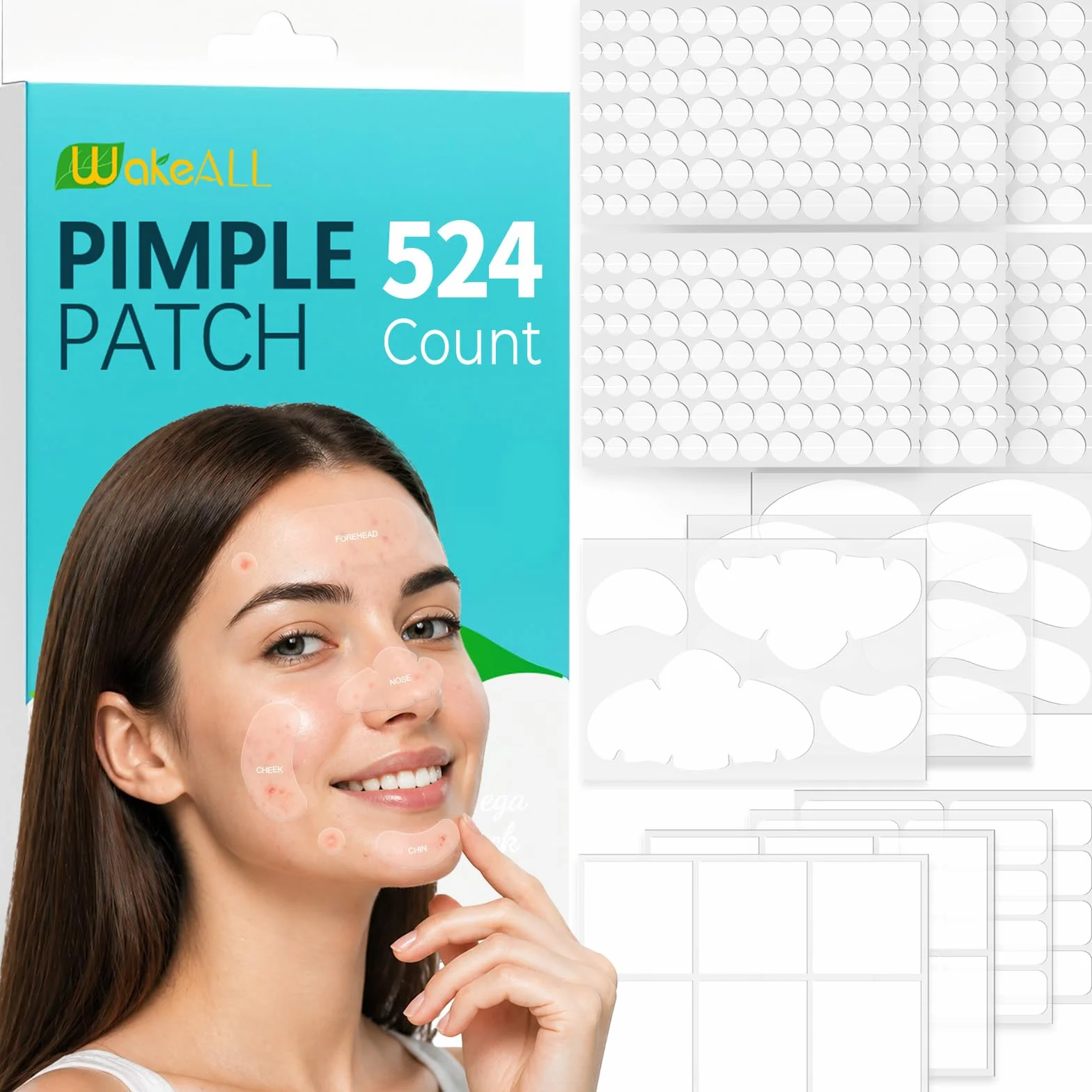 Patch Brufoli, Pimple Patch XL for Face&Body,524 cerotti idrocolloidali per ampie zone con estratto di tea tree, adesivi grandi per brufoli in 5 forme e 10misura, assorbono rapidamente sebo e liquidi