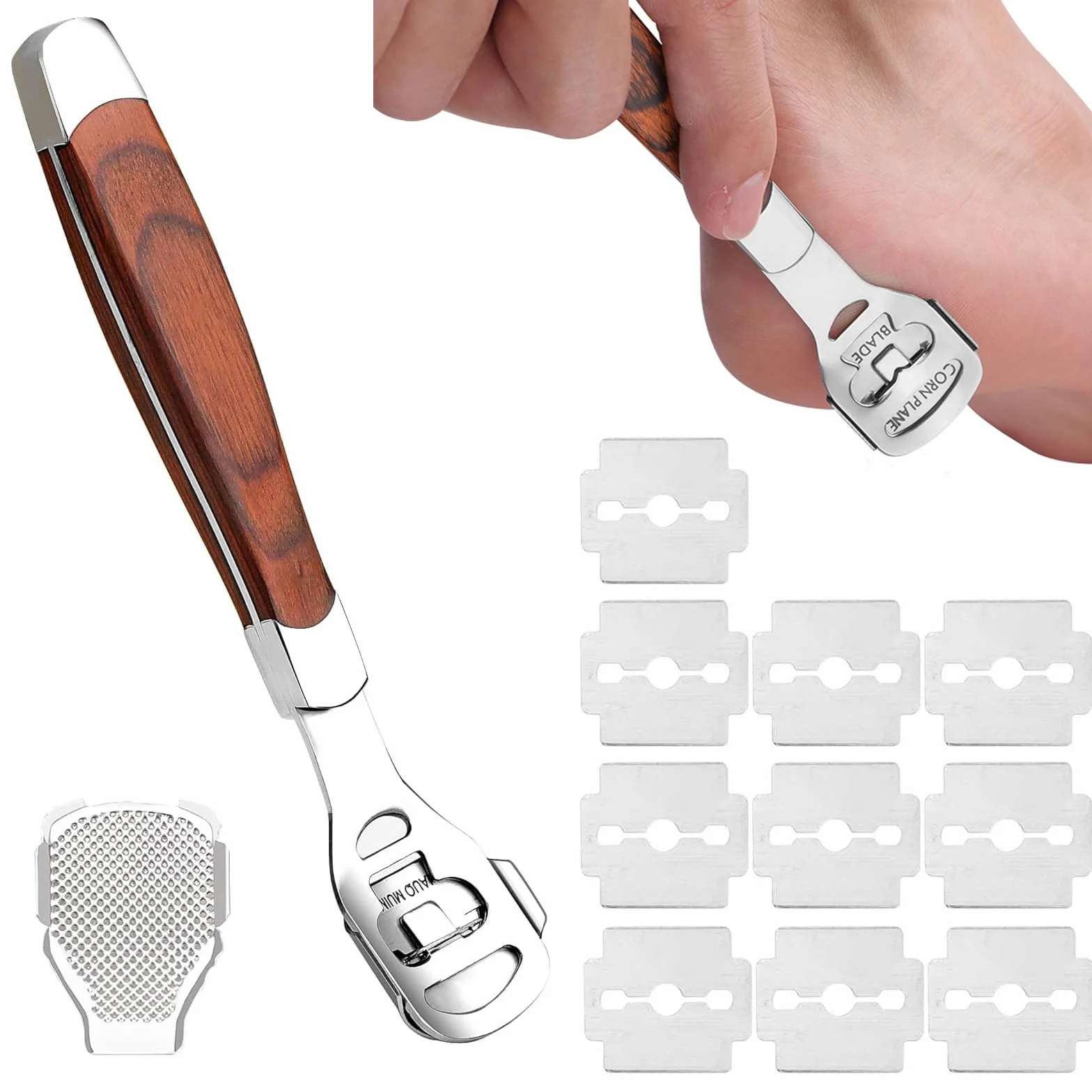 1 Kit per Pedicure con 10 Lame, Raschietto per Rimuovere Calli e Pelle Morta, Manico in Legno, Kit per la Cura dei Piedi Professionale, Rimuove Calli e Duroni, per Cura Personale e Salone