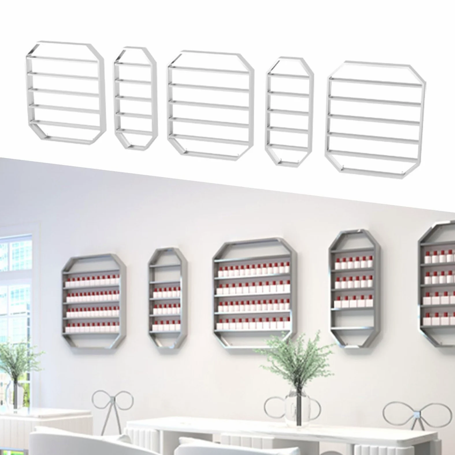 Confezione da 5 Porta smalti da Parete, Grande Set di contenitori per smalti, Organizer per Oli Essenziali, vetrine per saloni di Bellezza, Centri Benessere (Argento)