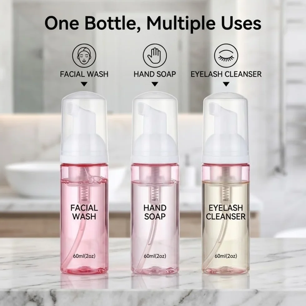 3 Pezzi Flaconi Dispenser Schiuma Vuoti, 60ml Boccette in Plastica PET con Pompa, Perfetto per Viaggi e Uso Quotidiano, Contenitori Ricaricabili e Ermetici