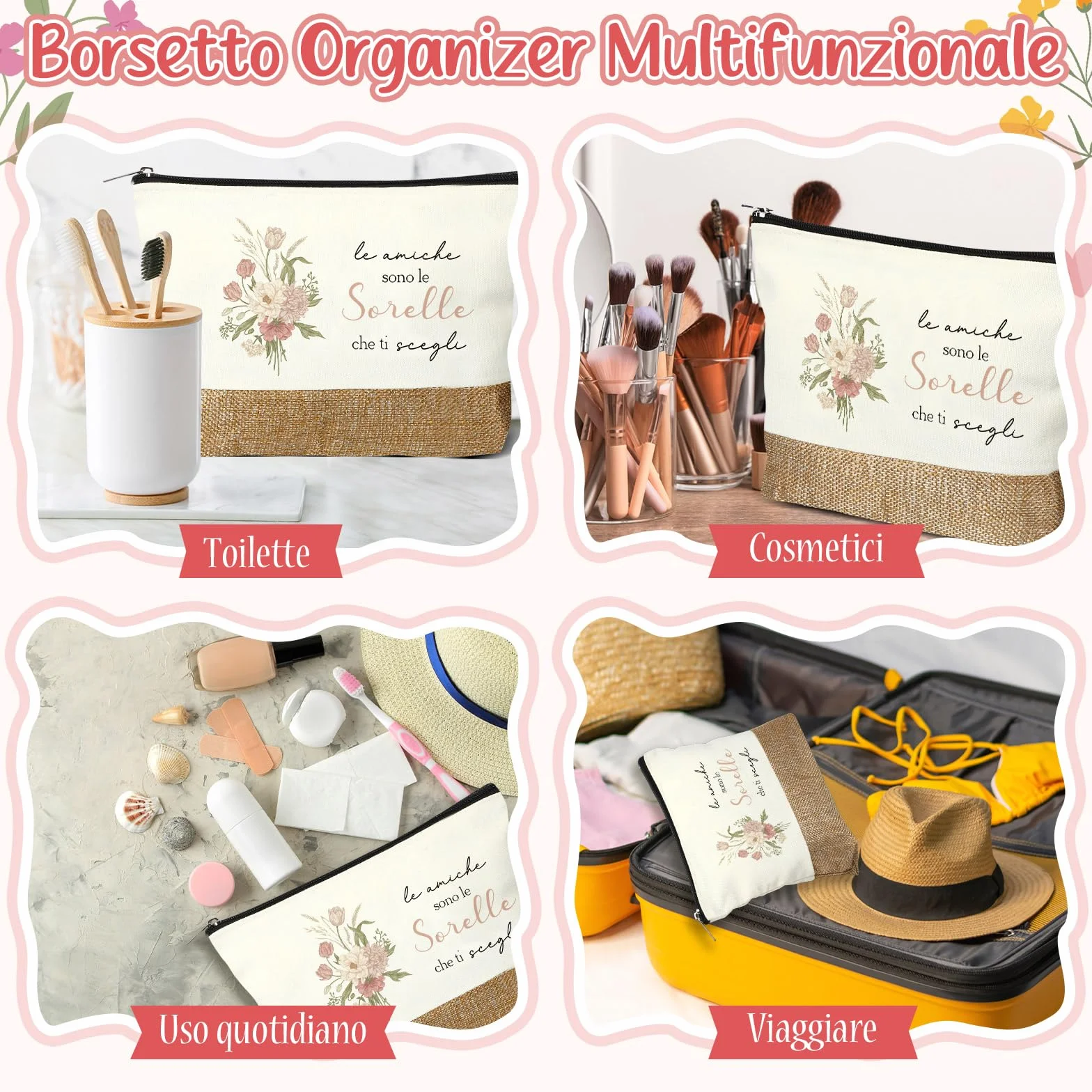 Jadive 3 Pezzi Set Regali da Fare alla Sorella Includere Pochette Cosmetica in Lino Patchwork Portachiavi Amicizia Penna a Sfera Legno per Donna Migliore Amica Compleanno Laurea Universitari Ufficio