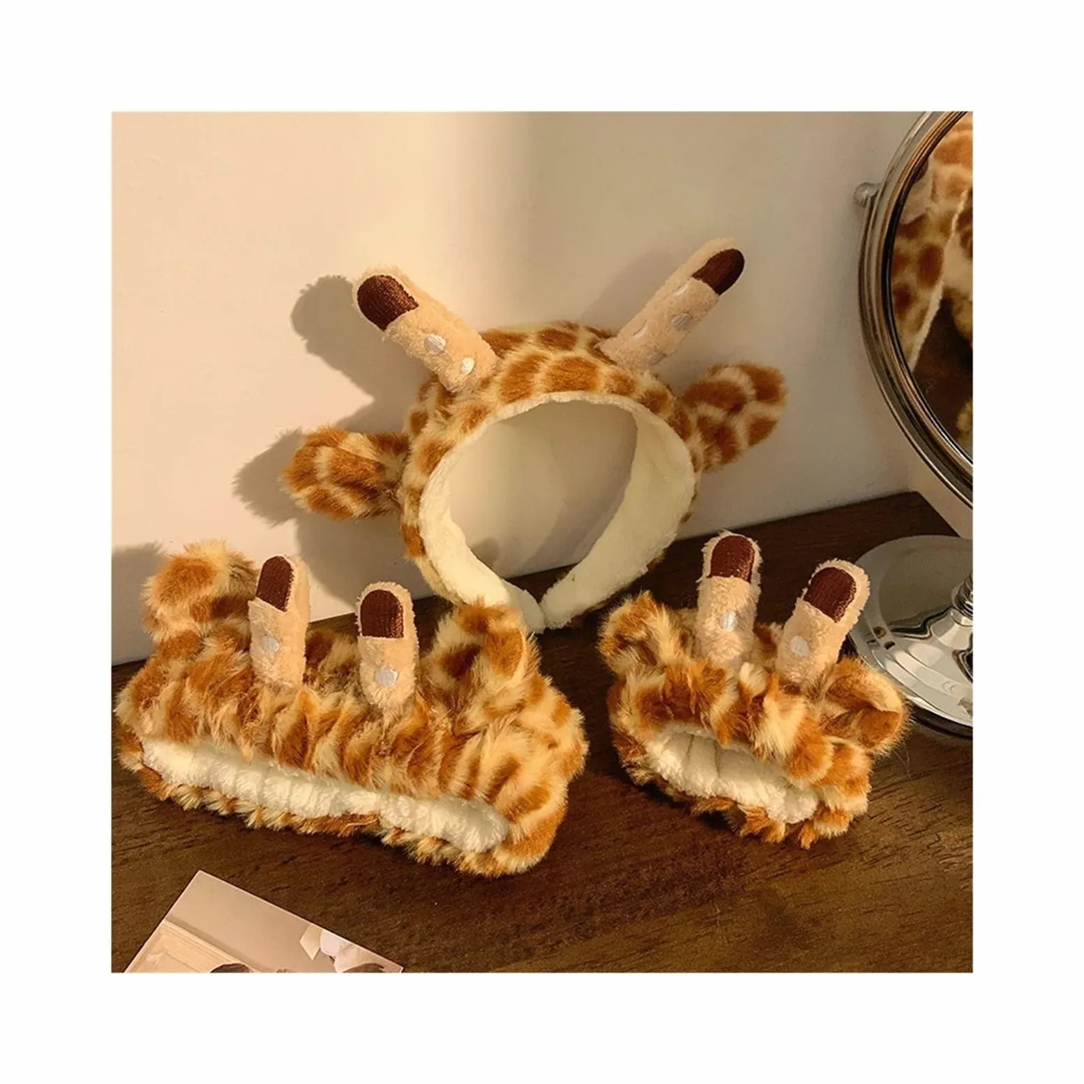 Fascia Capelli Donna Trucco 1Set Cartoon Giraffe Cute Peluche Bagno Fascia Lavaggio Viso Cerchio for capelli Fasce for Polsino for il bagno Rimozione morbida Cura della pelle for le donne