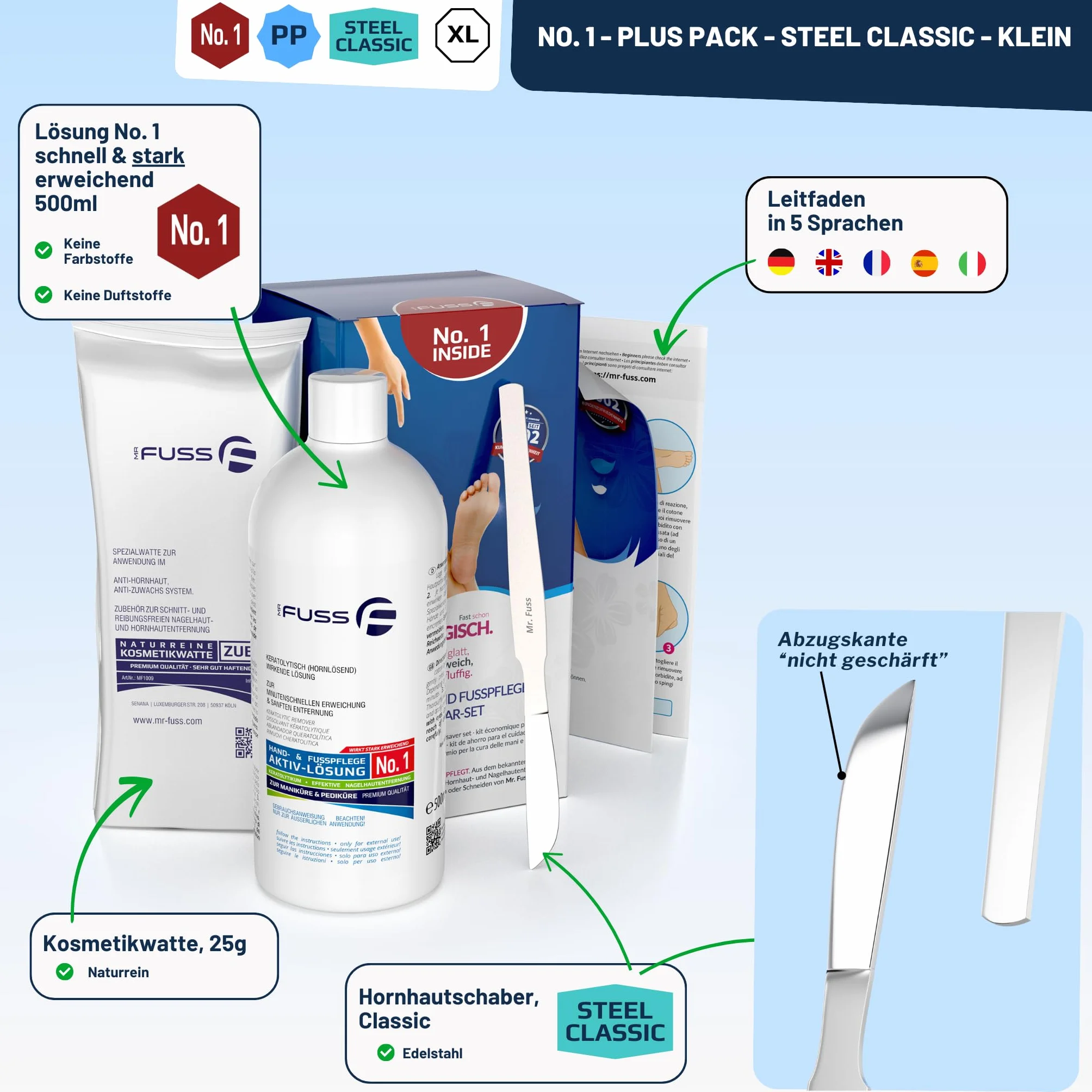 Mr. Fuss® No. 1 - Plus Pack Steel Classic per la cura dei piedi, per cuticole, confezione risparmio da 3 pezzi, soluzione attiva rapida e forte ammorbidente, standard, 200 ml, ovatta, raschietto per