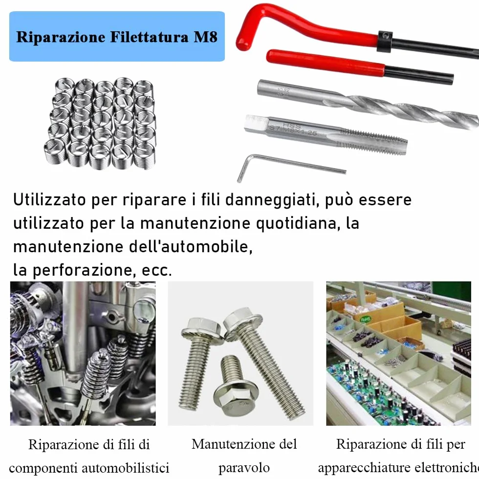 Mesee Kit Riparazione Filettatura M8 Acciaio Inossidabile, Strumenti Filettatura con Trapano Maschio Chiave Inserti per Automotive