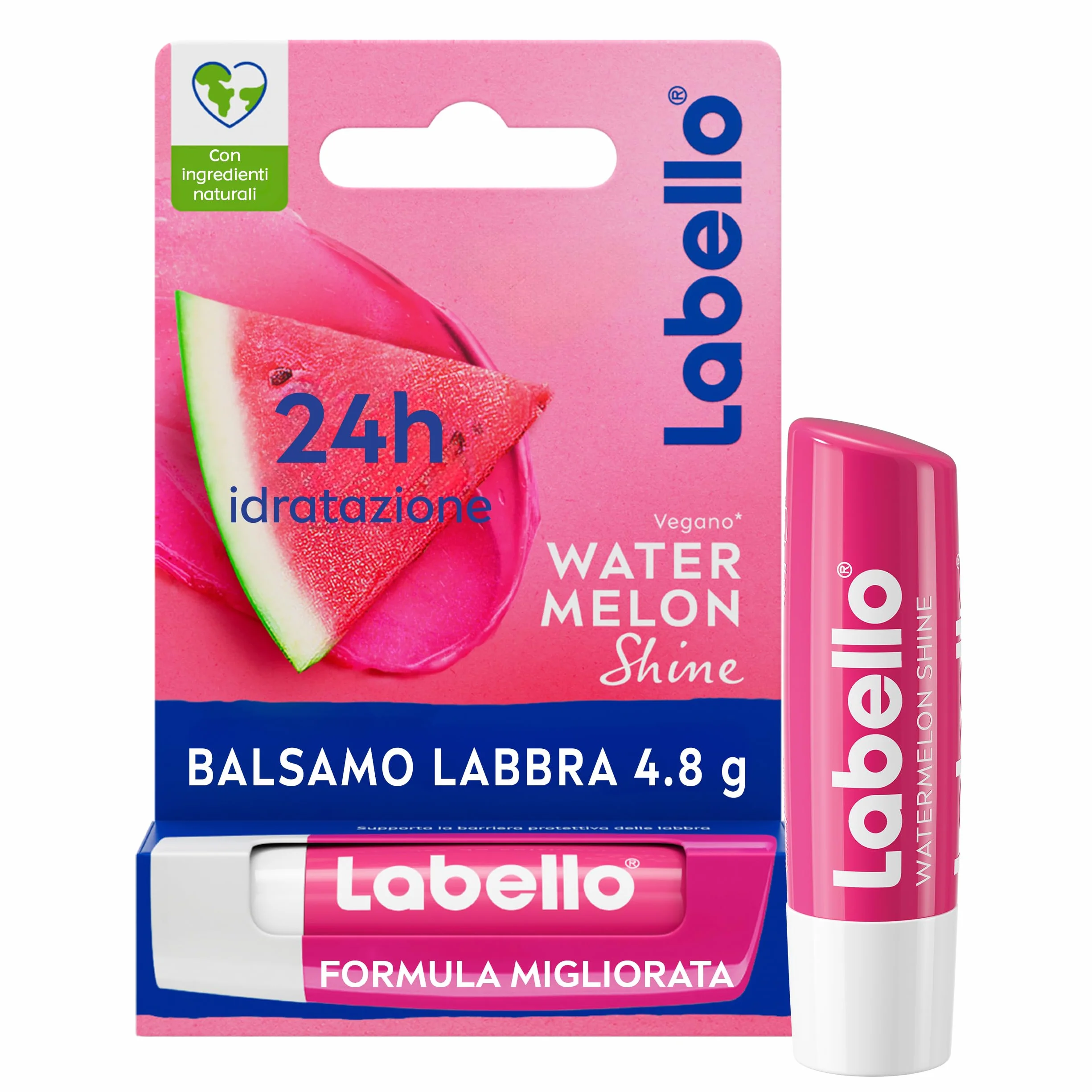 Labello Watermelon Shine Burrocacao labbra 4.8 g, Balsamo labbra colorato e nutriente all'aroma di Anguria con pigmenti scintillanti, Lip balm idratante per 24 ore con ingredienti di origine naturale
