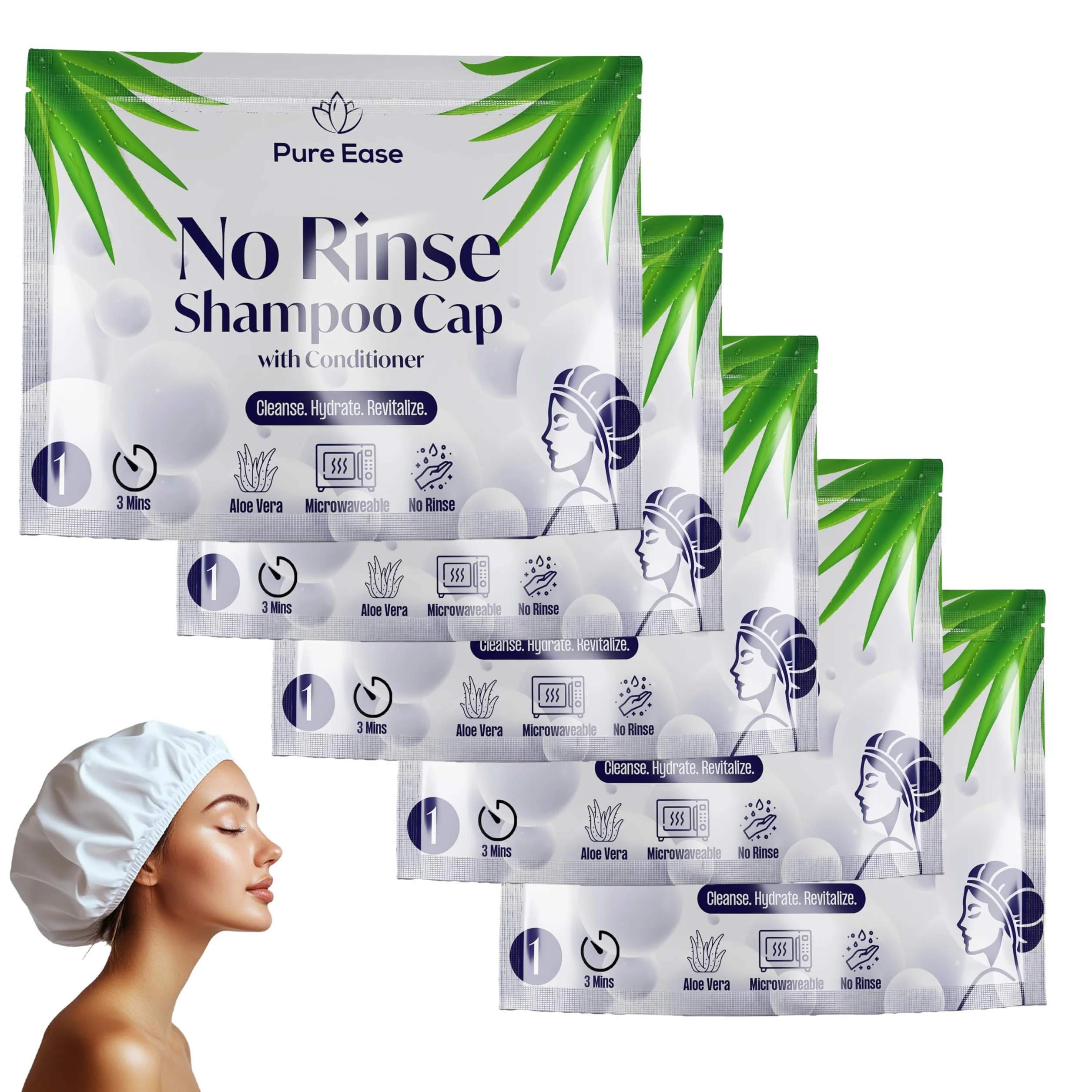 Pure Ease Cuffia Shampoo per Allettati - Lavaggio Capelli per Disabili con Salviette Capelli, Ideale per Anziani e Persone Allettate, Formula Delicata, Perfetta per Strutture Sanitarie (Pack of 5)
