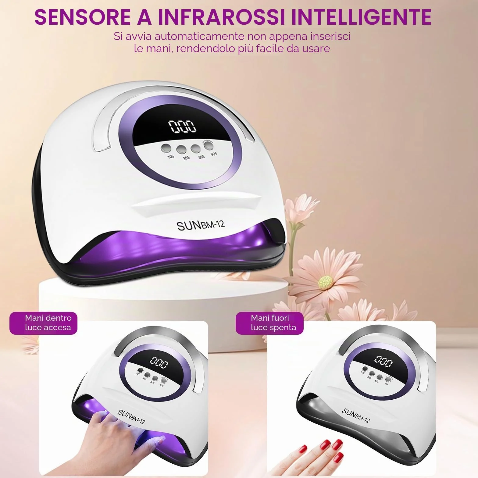 Lampada per unghie UV LED da 300 W, asciuga unghie professionale, smalto gel, luce UV per unghie con 72 perline, 4 impostazioni timer, sensore automatico, display LCD