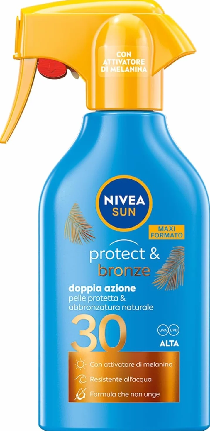 NIVEA SUN Maxi Crema Solare Spray Protect & Bronze FP 30 270 ml, Crema solare 30 per un'abbronzatura Dorata, Intensa e Uniforme, Protezione Solare 30 in Pratico Flacone in Spray